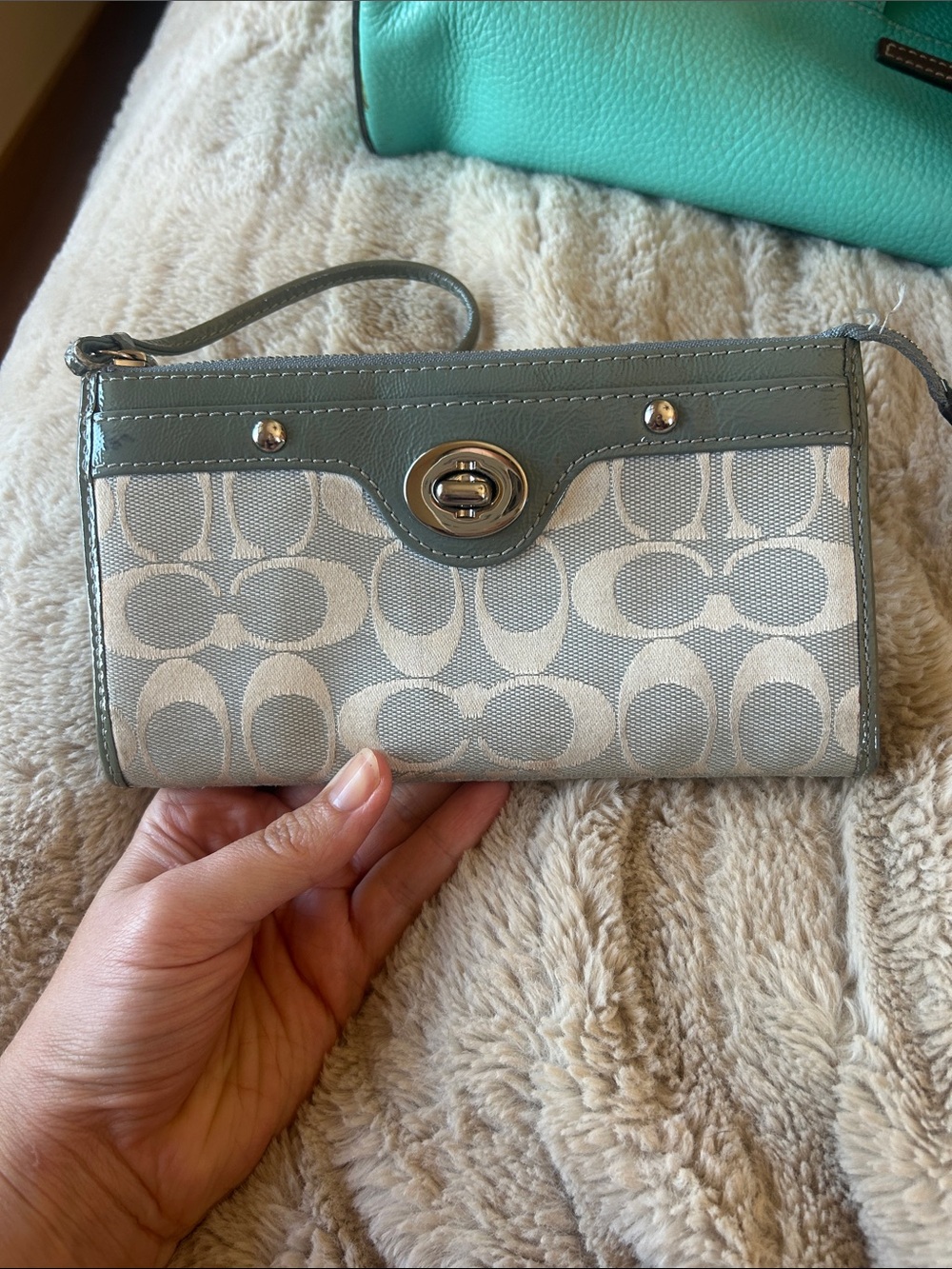 Coach Signature Canvas Wristlet in Light Gray with Silver Hardware
